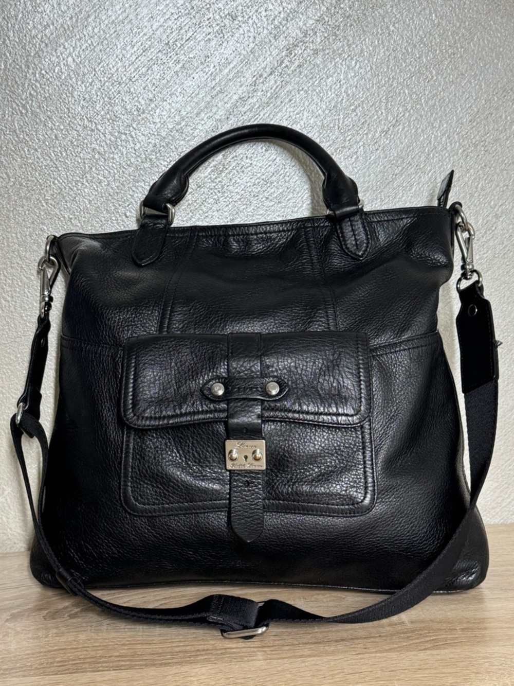 Lauren Ralph Lauren Black Pebbled Leather Tote 2-Way Satchel Bag